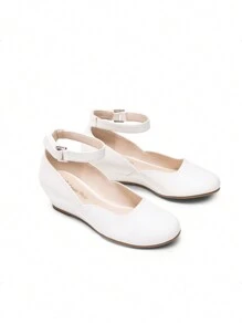 Girls Wedding Shoes | Dress Flats With Low Wedge Heel & Flower Ankle Strap For Toddler To Big Kid - trắng - Xem 5
