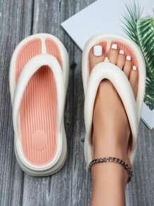 女士厚底柔软舒适户外人字拖，夏季个性化百搭时尚沙滩凉鞋 - 粉色 - 查看 4