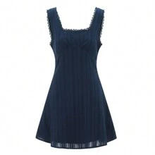 Womens Summer Tank Dress Sleeveless Square Neck Lace Trim Solid Color A-Line Dress Short Mini Dress - 藏蓝色 - 查看 6
