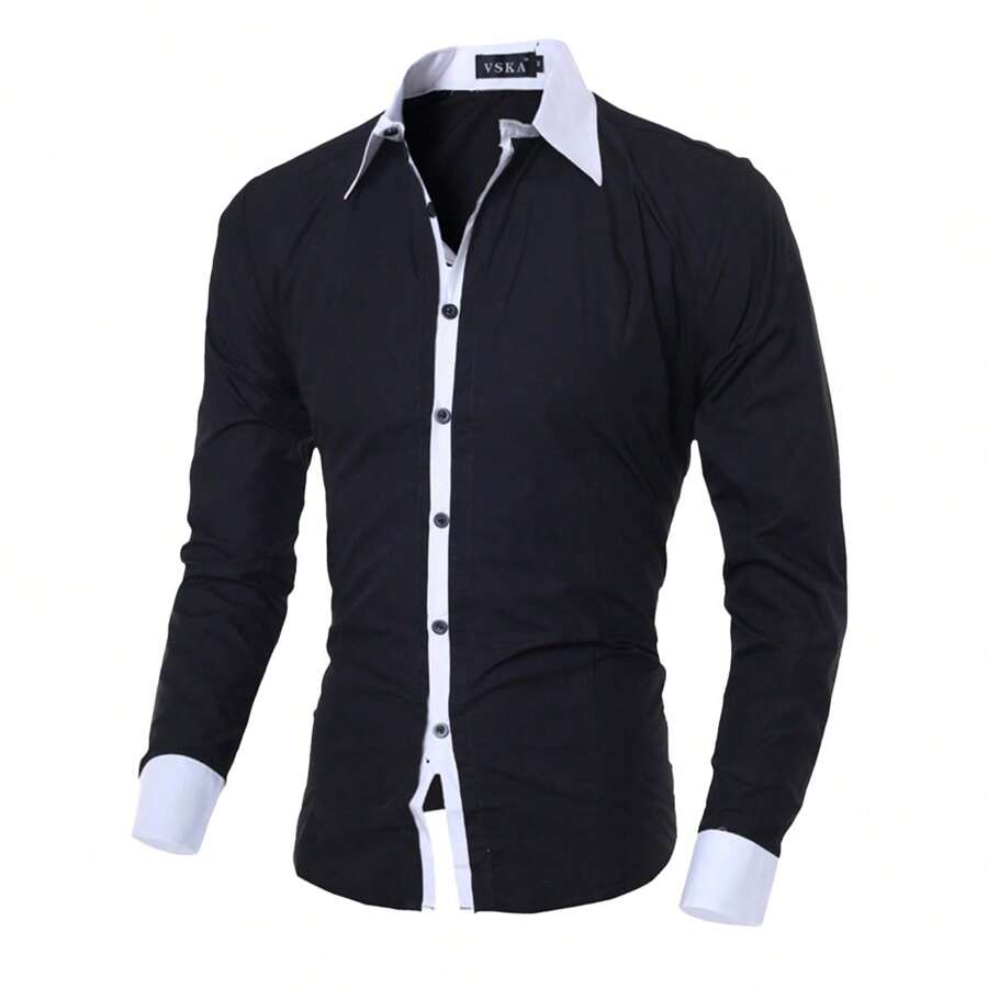 Men's Shirt Slim Fit Stretch Casual Dress Combined - 黑色 - 查看 1
