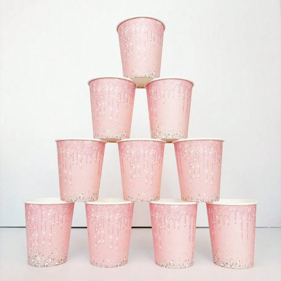 10pcs/20pcs/50pcs Light Pink Rhinestone Paper Cups, Pink Paper Cups, Pink Party Cups Disposable Coffee Cups Valentine's Day Beverage Drinking Cups For Bridal Shower Bachelorette Party Anniversary Birthday Pink Bow Party Supplies - Pink - View 1