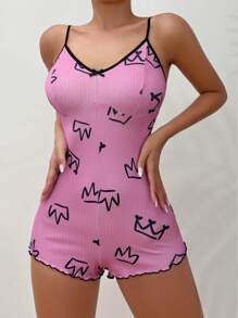 卡通印花可爱连体睡衣，舒适休闲 - 玫紅色 - 查看 3