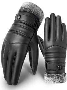 雙男士防水防風保暖蓬鬆內襯觸控螢幕時尚騎乘駕駛戶外手套，冬季 - 黑色 - 查看 5