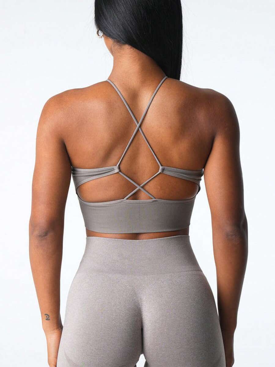 Sports Bras For Women Solid Color Sleeveless Workout Yoga Bra Fitness Sport Seamless Bralette Underwear Running Bras - 卡其色 - 查看 1