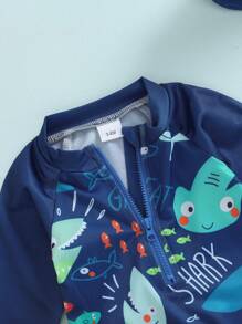 Traje de baño para niño pequeño con gorro, 2 piezas, estampado de tiburón y pez, con cremallera, manga larga, cuello redondo, bañadores para bebé niño - Azul - Ver 8