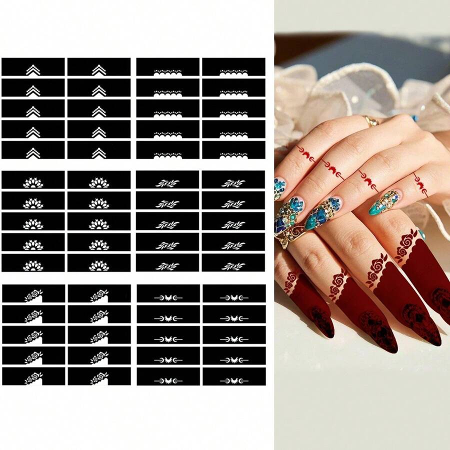 6 PCS Modern Designs Mehndi Mini TattooIcon Pattern Finger Temporary Body Art Tattoo Stickers - Multicolor - View 1