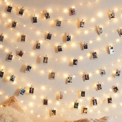 1pc 1/2/3/4/5/10m LED Copper Wire Fairy String Lights With Wooden Clips, Suitable For Hanging Photos & Cards, Creating Bedroom Ambiance, Decorating Photo Walls, Birthday Party & Anniversary Decor, Photo Clip Lights, Wedding & Birthday Party Decoration