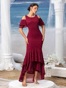 Faeriesty Mosy Elegant Cold Shoulder Ruffle Sleeves High Low Hem Lace Party Dress Mother Of The Bride Dress - Burgundy - View 7