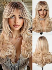 24 Inch Long Wavy Wigs With Bangs Dark Roots Brown Wigs For Women Brown Ombre Hair With Blonde Wigs,Heat-Resistant Synthetic Wigs For Daily Party Cosplay Wigs - Tóc vàng ombre - Xem 2