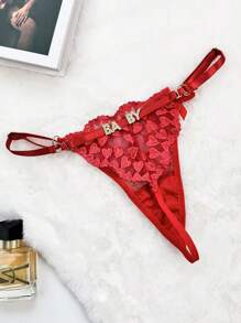 1pc Customized Metal Letter, Customized Name, Embroidered Lace Low-Waist Adjustable Panty, Sexy Thong - Red - View 2
