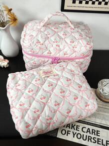 1 Piece Bow&Cherry Quilted Cosmetic Bag With Handle Bow Decor Makeup Bag Large-Capacity Portable Travel Cosmetic Pouch With Zipper, Sweet-Style Toiletry Bag, Makeup Storage Bag For Home, Travel, Daily Use, Women's Makeup Organizer To Store Makeup Tools, Makeup Brush Storage, Toiletry Travel Bag, Reusable Stuff Storage Bag, Coin Purse, Valentine's Day Gift, Bridesmaid Gift School Supplies Travel Essentials Make Up Bag Holiday Essentials Makeup Bags Makeup Pouch Holiday Winter Leopard Print Sausage Dog Gifts For Women - Multicolor - View 14