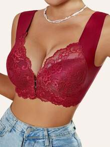 Women's Front Button Wireless Lace Seamless Bra, Comfortable Lounge Seamless Bra Provides Lift & Support Without Digging In - Burgundy - View 6