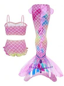 3-Piece Young Girl Mermaid Tail Bikini Set With Mesh, Swimwear Costume