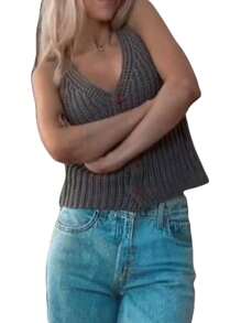 Women's Sweater Vest Sleeveless Deep V Neck Solid Color Button Down Knitwear Going Out Tank Tops - Grey - View 2