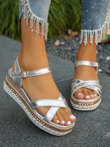 Plus Size 36-42 Zomer Nieuwe Mode Casual Dikke Bodem Wedge Plaid Sandalen, Elegante Eenvoudige Dagelijkse Draag Zilveren Crinkle Textuur Lichtgewicht Comfortabele Open Teen Dames Sandalen