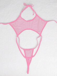 连体女式性感内衣，系带网眼性感紧身衣 - 淺粉色 - 查看 4