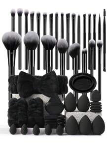 49pcs Makeup Sponge Set Includes 25 Soft Bristle Makeup Brushes (Powder Brush, Blush Brush, Contour Brush, Foundation Brush, Nose Brush, Eyeshadow Brush, Eyebrow Brush, Lip Brush, Detail Brush) + 5 Makeup Sponge For Liquid Makeup + 5 Triangle Powder Puffs + 5 Finger Puffs + 5 Mini Puffs + 1 Headband + 2 Wrist Bands + 1 Brush Cleaning Tool - Black - View 1