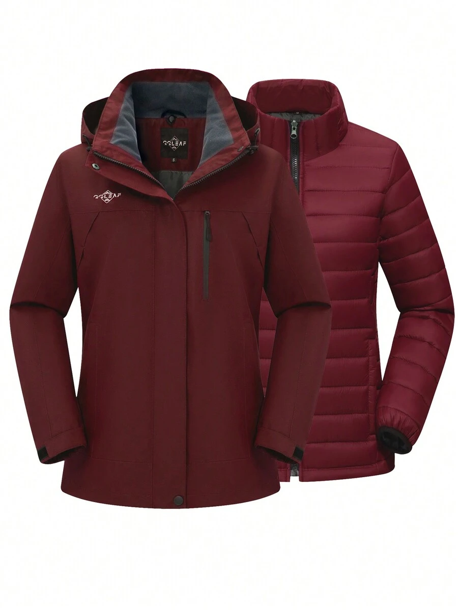 女士纯色连帽三合一软壳夹克，冬季 CF21 - 酒紅色 - 查看 1