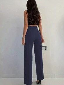 Quần ống đứng cạp cao đơn giản, đa năng, màu trơn, thời trang thu đông cho nữ, hàng mới về, chất liệu vải dệt kim co giãn mỏng, cài nút phía trước, thích hợp mặc hàng ngày và đi làm - Xanh đậm - Xem 3