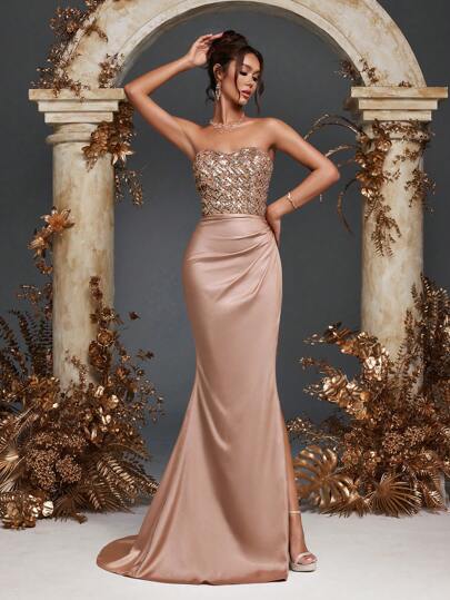 Elegantes vestidos largos para fiesta de noche con escote pronunciado y lentejuelas en tono champán para mujeres, vestidos de boda para invitadas, vestidos de dama de honor, vestidos de graduación 2025 para cena, boda, fiesta de cóctel, graduación, Día de San Valentín, Año Nuevo, vacaciones, vestido de gala