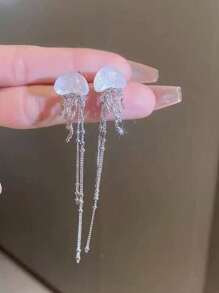 1 对优雅时尚铜材质水母流苏耳环，适合女士任何场合，新年礼物