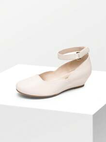 Girls Wedding Shoes | Dress Flats With Low Wedge Heel & Flower Ankle Strap For Toddler To Big Kid - Màu be - Xem 4