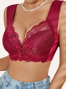 Women's Front Button Wireless Lace Seamless Bra, Comfortable Lounge Seamless Bra Provides Lift & Support Without Digging In - Burgundy - View 5