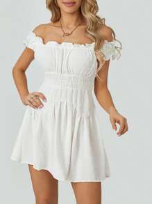 Women Flowy Pirate Dress Fairy Short Sleeve Y2k Off Shoulder Ruffle Corset Mini Dresses - trắng - Xem 5