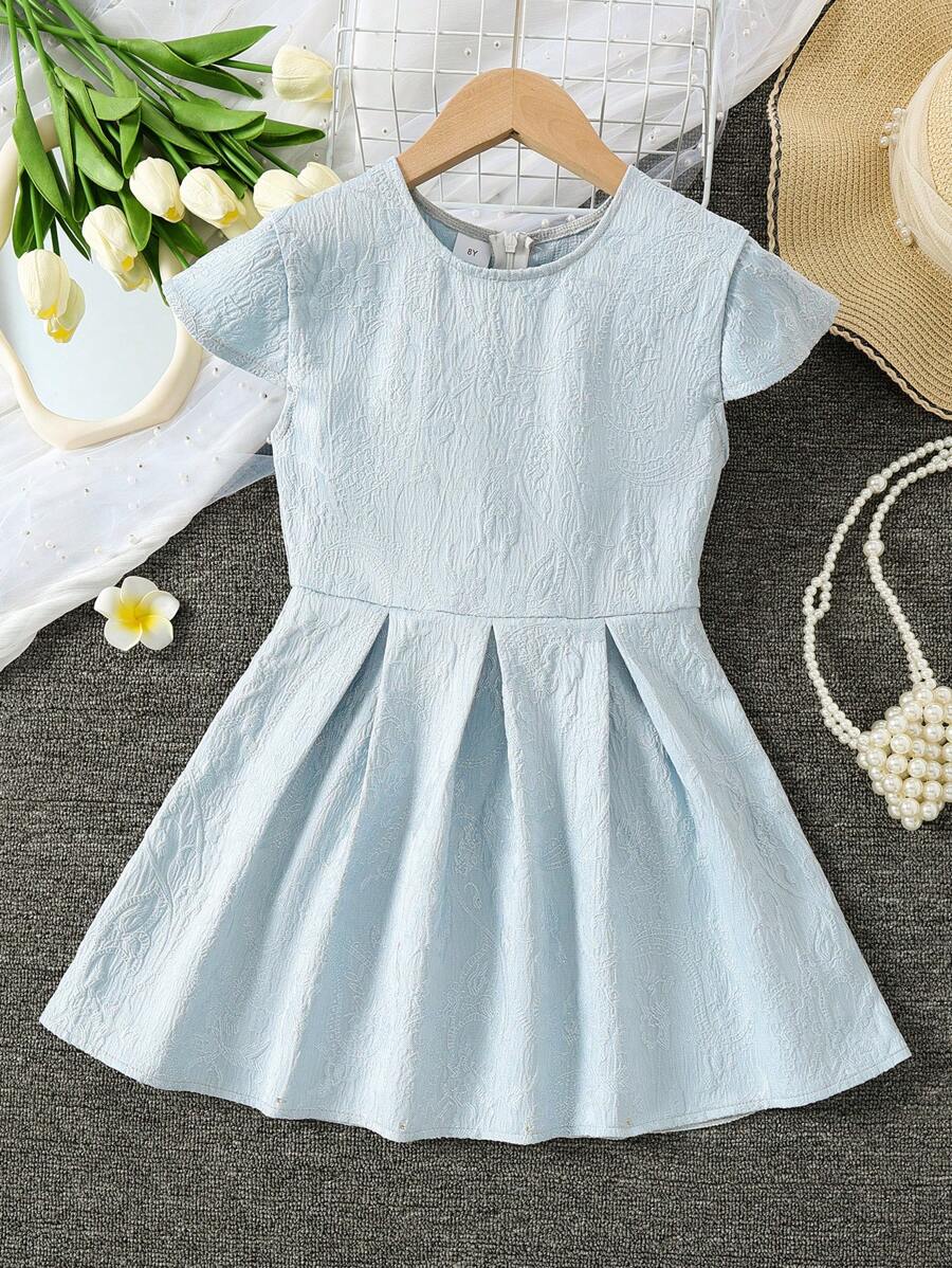 Vestido casual de manga corta con estilo de moda en azul cielo para niñas preadolescentes - Celeste - Ver 1