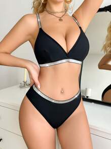 Non-Wired Comfortable Ribbed Women's Bra Set - Black - View 4