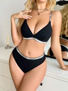 Non-Wired Comfortable Ribbed Women's Bra Set - Black - View 3