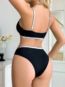 Non-Wired Comfortable Ribbed Women's Bra Set - Black - View 2