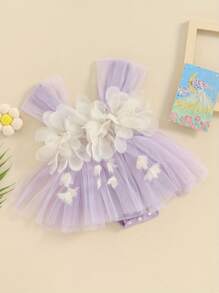 Baby Girls Mesh Lace Romper Dress Infant Summer Sleeveless 3D Flower Tulle Jumpsuits - 紫色 - 查看 2