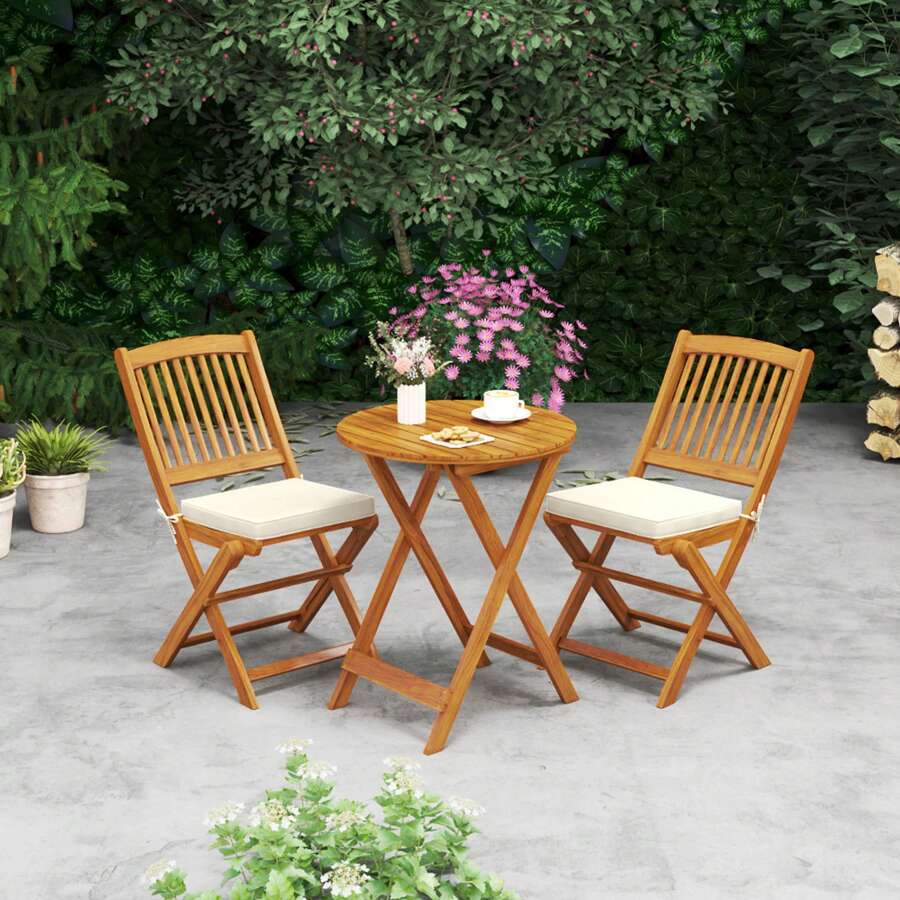 Lifezeal Outdoor Folding Chairs Set Of 2 Acacia Wood High-Back Chair With Seat Cushions Beige/Red/Navy - 米色 - 查看 1