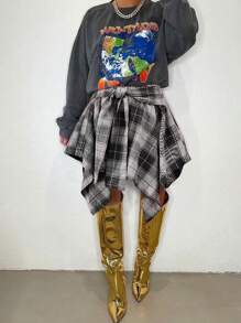 Plus Size Hip Hop Plaid Skirt 2025 - Women's Streetwear Tartan Skirt With Detachable Sleeves, Multi-Color Rap Style Skirt, High Waist A-Line Skirt With Belt (1X-5X) - Đen và trắng - Xem 2