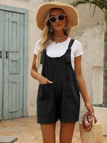 Women's Casual Summer Cotton Linen Rompers Overalls Jumpsuit Shorts - 黑色 - 查看 4