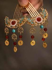 1pc Hairpin Insert Comb Tassel Hairpin Step Shake Hairpin Chinese Style Headwear Accessories,Ladies' Daily Party Accessories, Fashionable Jewelry, Best Friend Gifts. Combs For Hair Side Comb, School Stuff, Wedding, Hair Accessories - Gold - View 1