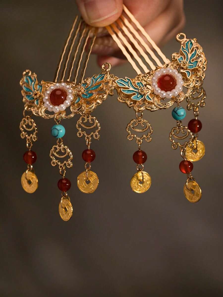 1pc Hairpin Insert Comb Tassel Hairpin Step Shake Hairpin Chinese Style Headwear Accessories,Ladies' Daily Party Accessories, Fashionable Jewelry, Best Friend Gifts. Combs For Hair Side Comb, School Stuff, Wedding, Hair Accessories - Gold - View 1