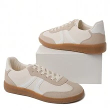 Women's Red Black Leopard Beige Gold Retro German Trainers – Lace-Up Low-Top Casual Sneakers [Size Up Half Size] - 米色 - 查看 4