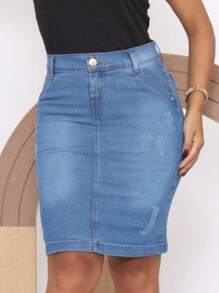 Women Denim Skirts - 淺色水洗藍 - 查看 1