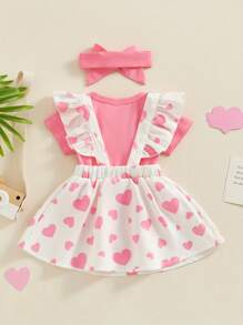 Conjunto de Pascua para bebé niña, mono de manga larga, mono con tirantes de conejito 3D, falda con diadema - Rosa - Ver 2