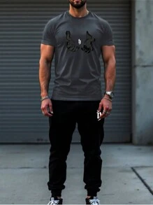 男士英式 H 设计休闲短袖 T 恤和裤子 2 件套服装 - 灰色 - 查看 1