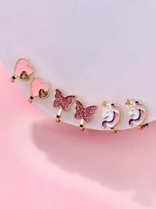 3 Pairs Colorful Zinc Alloy Butterfly, Unicorn, Heart Shaped Clip On Earrings For Girls, No Piercing Required, Suitable For Daily Wear