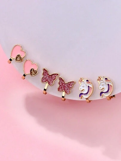 3 Pairs Colorful Zinc Alloy Butterfly, Unicorn, Heart Shaped Clip On Earrings For Girls, No Piercing Required, Suitable For Daily Wear