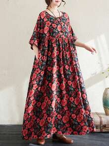 Topy, Topy, Czeskie Sukienki Damskie Casual, 2025 Lato Nowe Okrągłe Dekolty Nadruk Mankiety Luźne Przewiewne Spódnice, Casualowe Sukienki Na Plażę Z Krótkim Rękawem