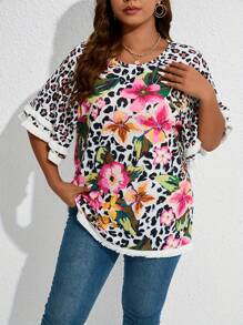 Fox Claw Plus Size Women's Casual Round Neck Half Sleeved Contrasting Pleated Lace Loose T-Shirt - 粉色 - 查看 3