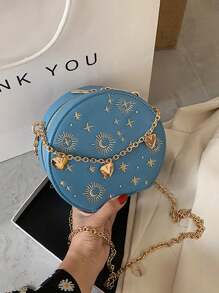 迷你刺绣圆包，链条心形装饰斜挎包，星月图案圆形钱包情人节礼物，PU复古小圆包，女士法式链条包，时尚刺绣单肩斜挎包 - 藍色 - 查看 8