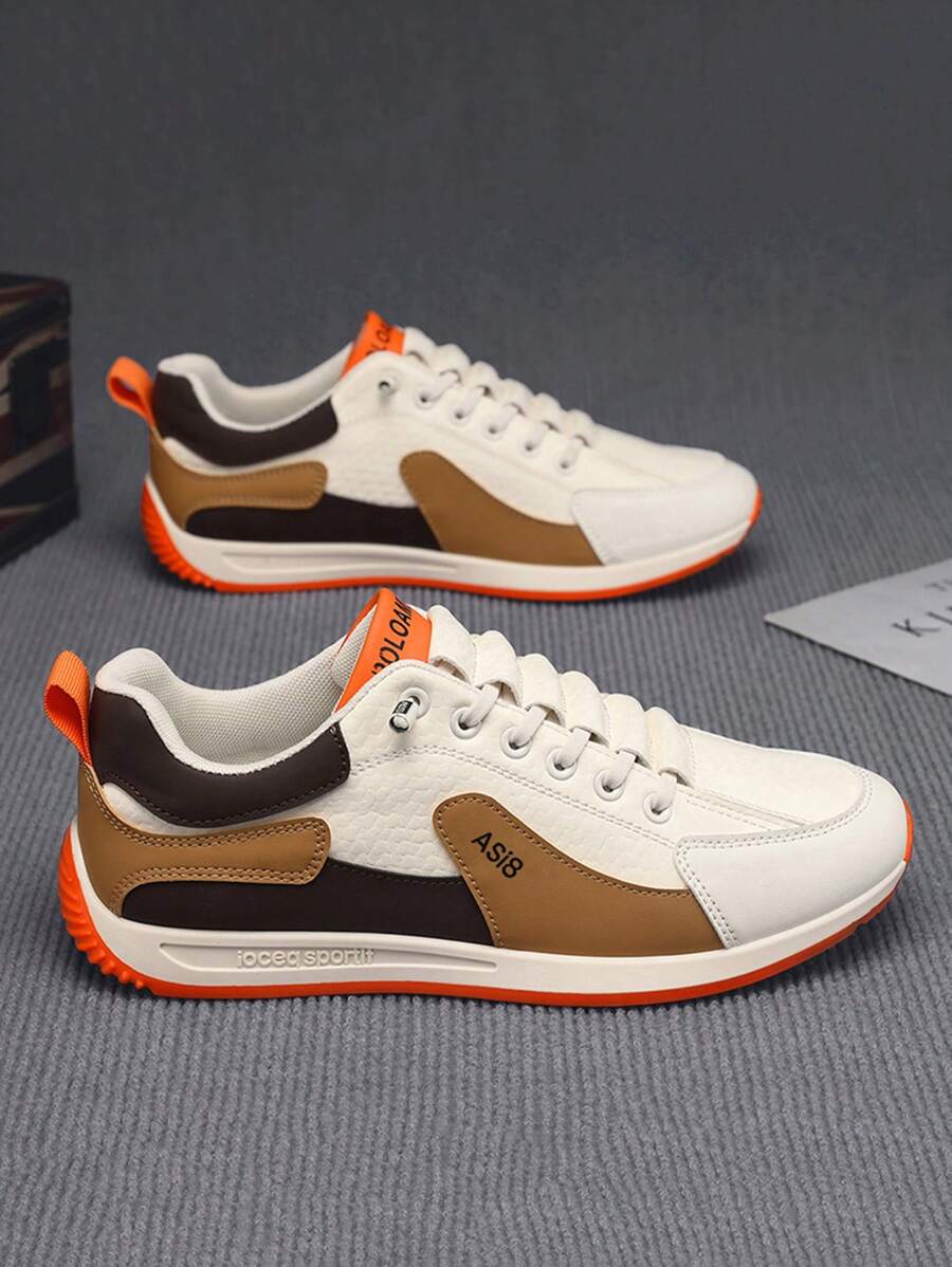 Men's Casual Low-Top Sneakers, Lightweight Comfortable Flat Outdoor Running Walking Shoes - White Orange - View 1