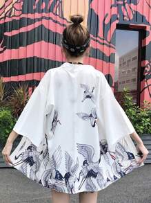 Chaqueta estilo yukata retro estampada con grullas, estilo japonés - Kimono de verano para protección solar - Blanco - Ver 1