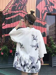 Chaqueta estilo yukata retro estampada con grullas, estilo japonés - Kimono de verano para protección solar - Blanco - Ver 4